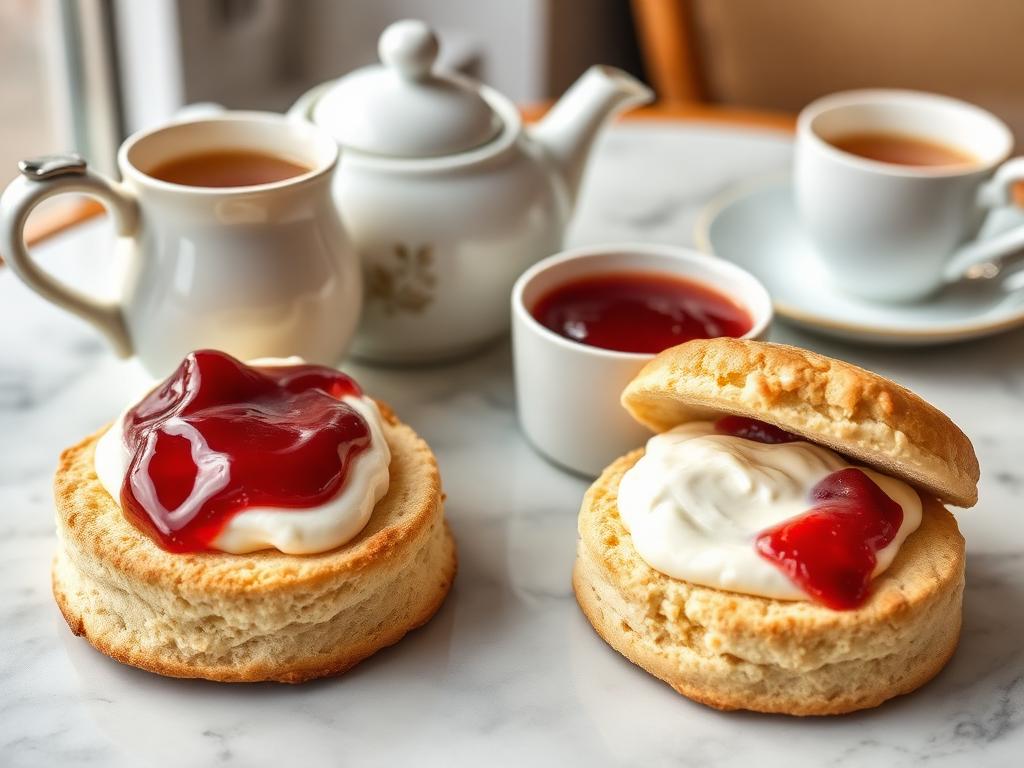 Two scones with clotted cream and jam beside a pot of tea