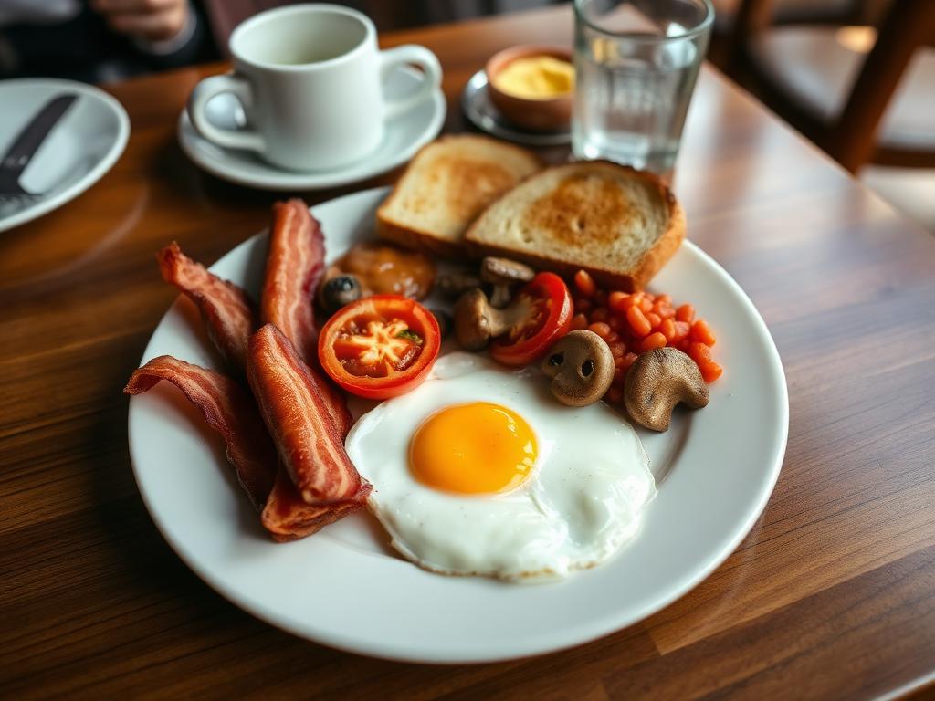 Full English breakfast with bacon, sausage, egg, beans and toast
